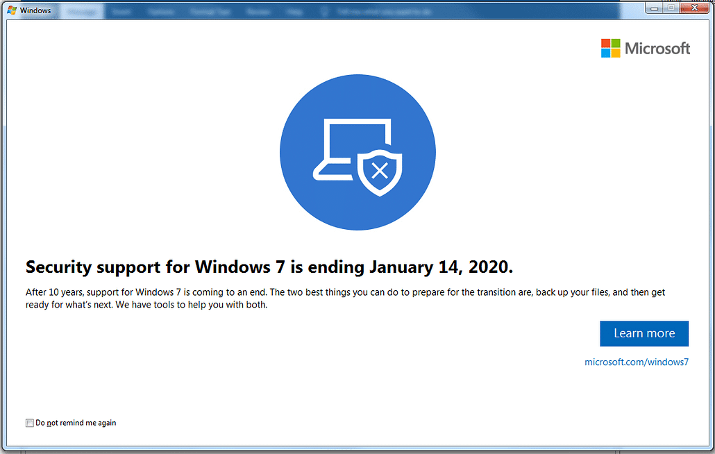 Windows 7 End of Support Pop up