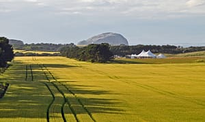 View to Bass Rock from farm wedding venue at Harvest Moon Weddings