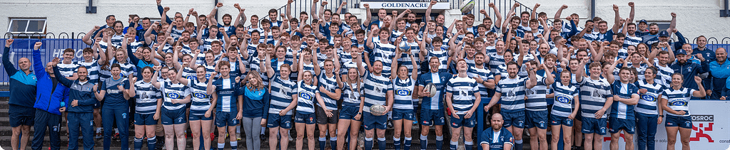 Heriot's Rugby Club - Full Squad photo in front of the Goldenacre stand captured by Jonathan Cruickshank in 2023. Including Super Series and Blues Players from across the adult sections.