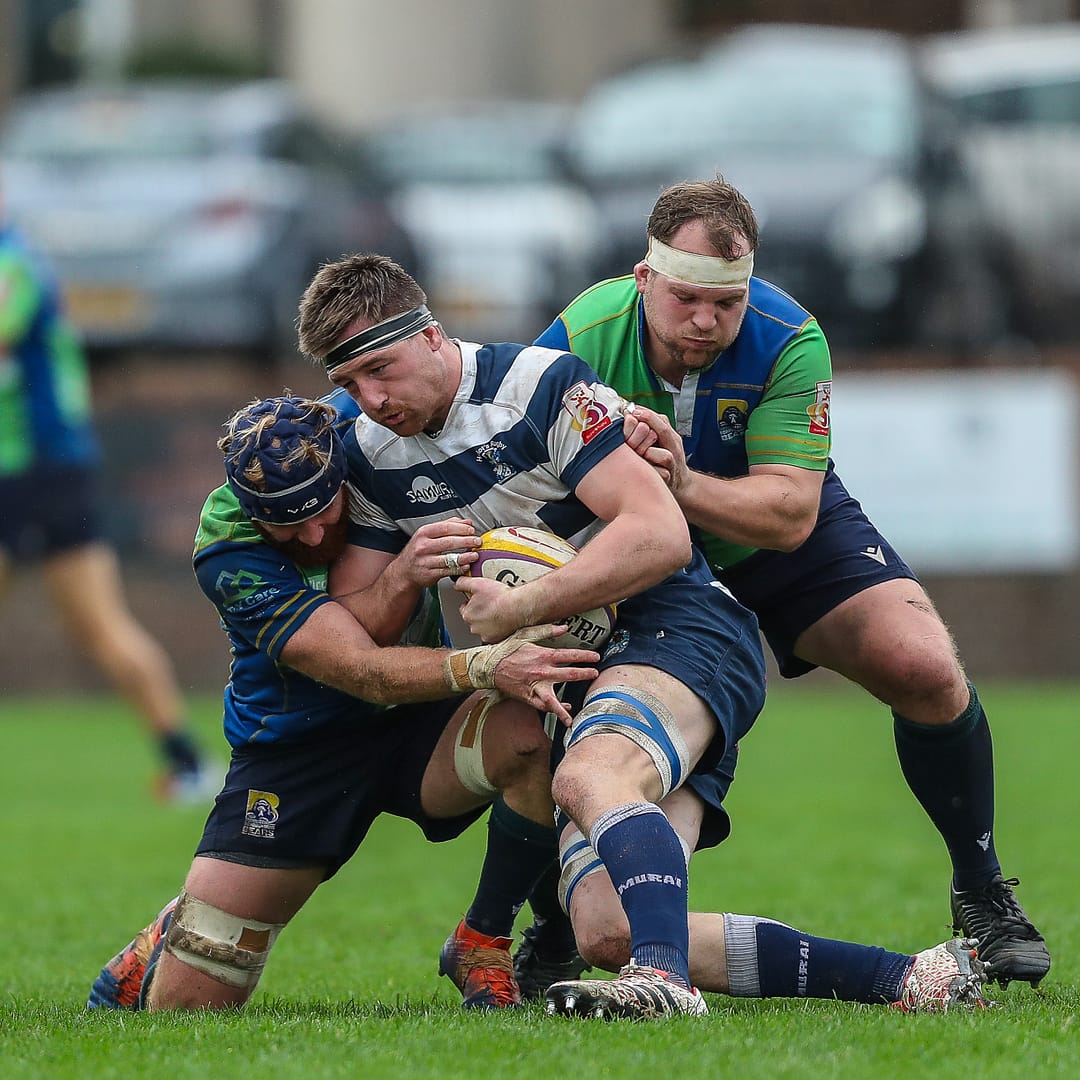 Boroughmuirs Craig Keddie and Boroughmuirs Craig McKenzie tackle Heriots Ruairidh Leishman. FOSROC Super 6 match between Heriot's Rugby and Boroughmuir Bears at Goldenacre, Edinburgh on 09/10/2021. 

(Photo: 39 Design Photography)