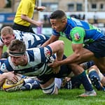 Heriots Ruairidh Leishman scores a try during the FOSROC Super 6 match between Heriot's Rugby and Boroughmuir Bears at Goldenacre, Edinburgh on 09/10/2021. 

(Photo: 39 Design Photography)