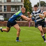 Heriots Ben Evans drives towards the line as Boroughmuirs Duncan Munn tries to make the tackle.FOSROC Super 6 match between Heriot's Rugby and Boroughmuir Bears at Goldenacre, Edinburgh on 09/10/2021. 

(Photo: 39 Design Photography)