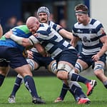 Heriots Jason Hill tackles Boroughmuirs Craig McKenzie. FOSROC Super 6 match between Heriot's Rugby and Boroughmuir Bears at Goldenacre, Edinburgh on 09/10/2021. 

(Photo: 39 Design Photography)