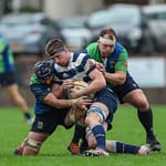 Boroughmuirs Craig Keddie and Boroughmuirs Craig McKenzie tackle Heriots Ruairidh Leishman. FOSROC Super 6 match between Heriot's Rugby and Boroughmuir Bears at Goldenacre, Edinburgh on 09/10/2021. 

(Photo: 39 Design Photography)