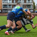 Boroughmuirs Kaleem Barreto and Callum Ramm tackle Heriots Captain Iain Wilson just short of the try line .FOSROC Super 6 match between Heriot's Rugby and Boroughmuir Bears at Goldenacre, Edinburgh on 09/10/2021. 

(Photo: 39 Design Photography)