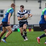 Heriots Ben Evans  looks for a gap in the Boroughmuir defence. FOSROC Super 6 match between Heriot's Rugby and Boroughmuir Bears at Goldenacre, Edinburgh on 09/10/2021. (Photo: 39 Design Photography)