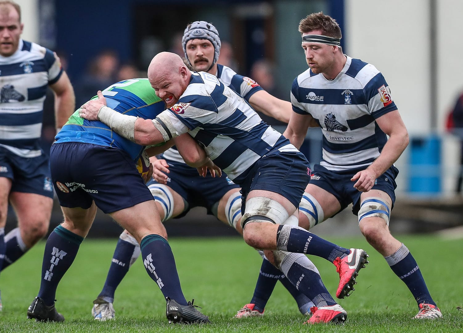 Heriots Jason Hill tackles Boroughmuirs Craig McKenzie. FOSROC Super 6 match between Heriot's Rugby and Boroughmuir Bears at Goldenacre, Edinburgh on 09/10/2021. 

(Photo: 39 Design Photography)
