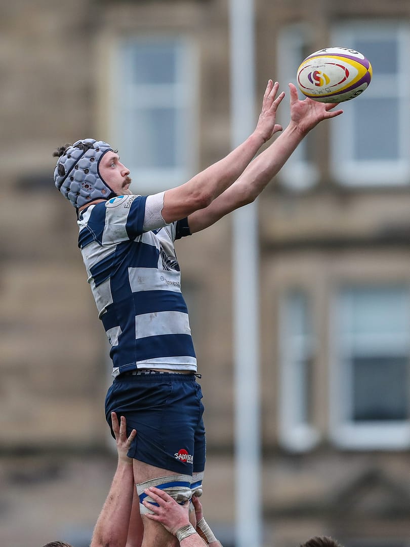 Heriots Callum Marshall collects a line out throw.FOSROC Super 6 match between Heriot's Rugby and Boroughmuir Bears at Goldenacre, Edinburgh on 09/10/2021. 

(Photo: 39 Design Photography)