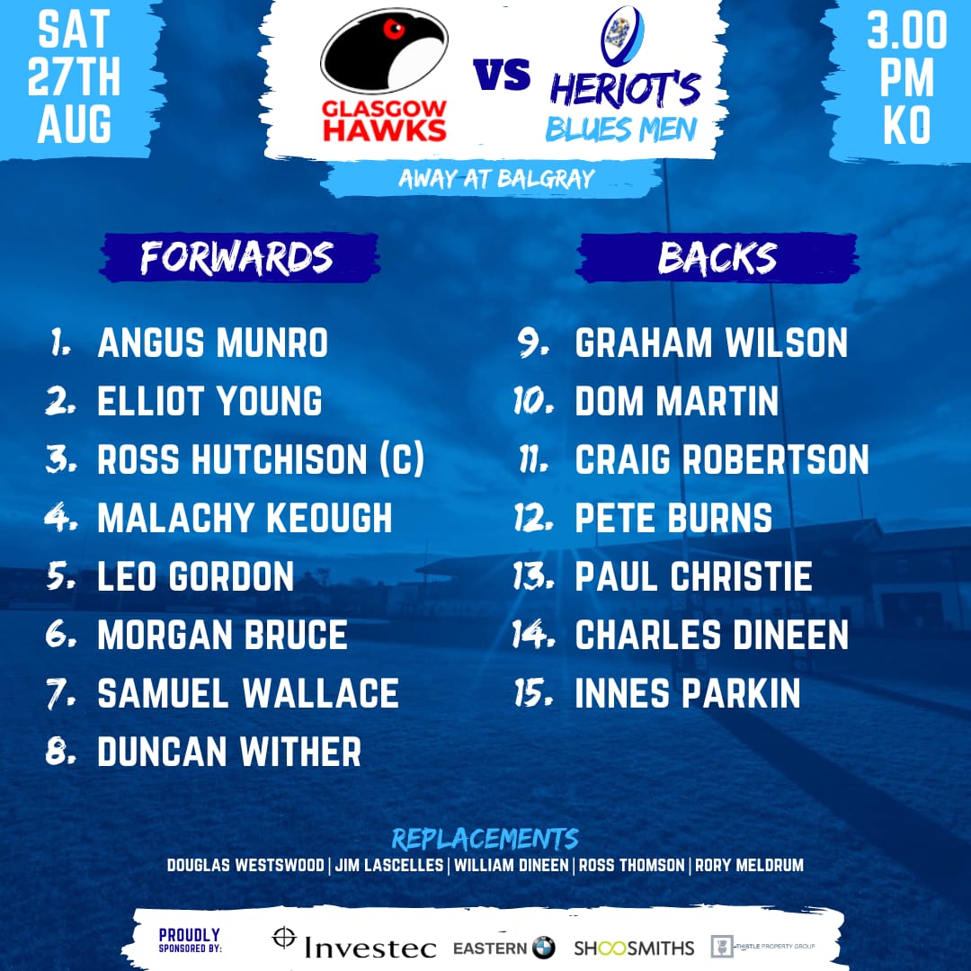 Team Announcement Heriot's Blues Men are on the road to face Glasgow