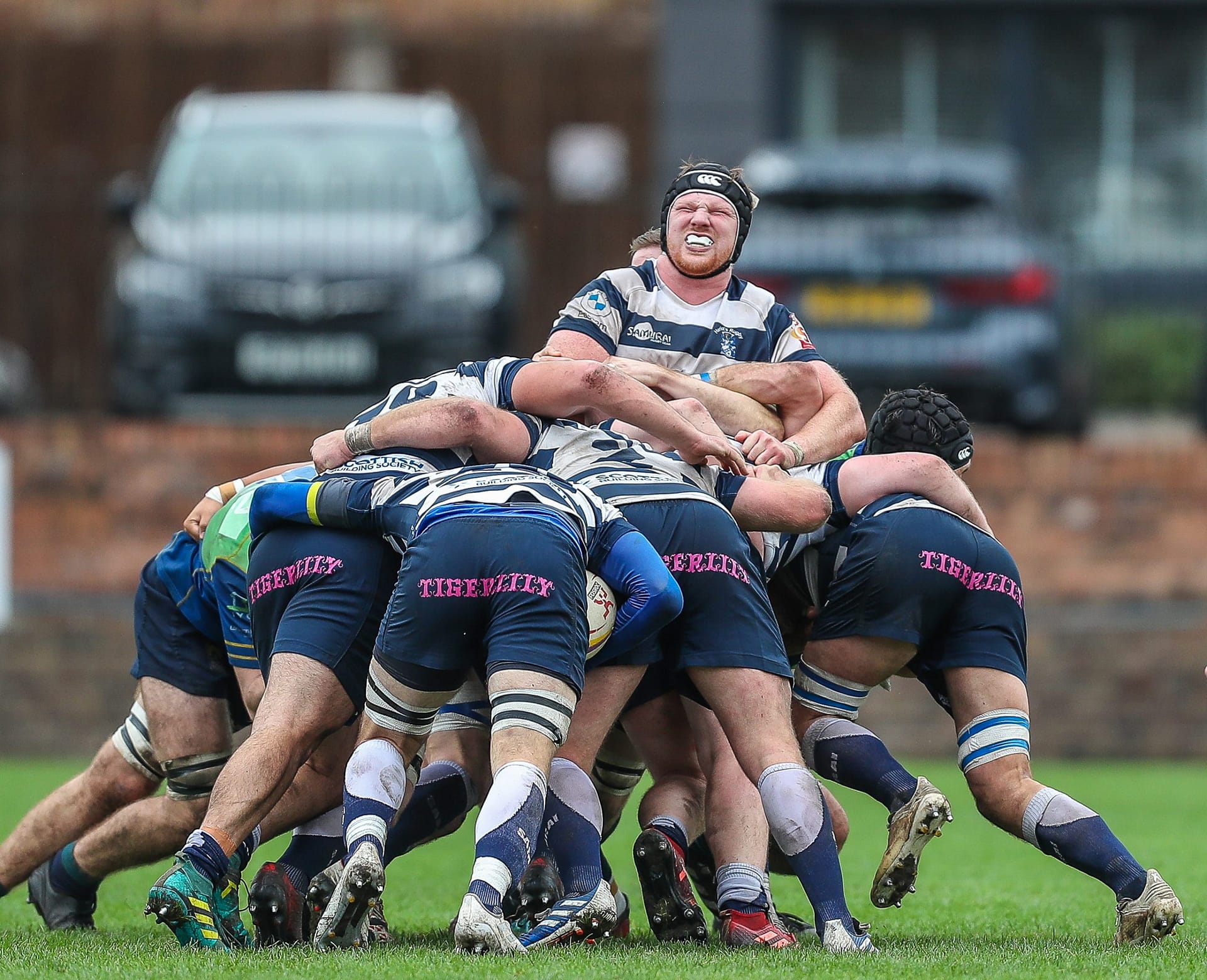 Heriots Fraser Hastie guides the maul forwardFOSROC Super 6 match between Heriot's Rugby and Boroughmuir Bears at Goldenacre, Edinburgh on 09/10/2021. (Photo: 39 Design Photography)