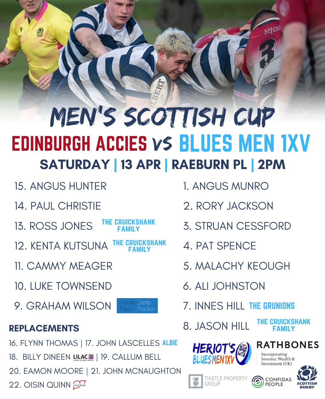Heriot's Blues Men 1XV team to face Edinburgh Accies in the Men's Scottish Cup 2024